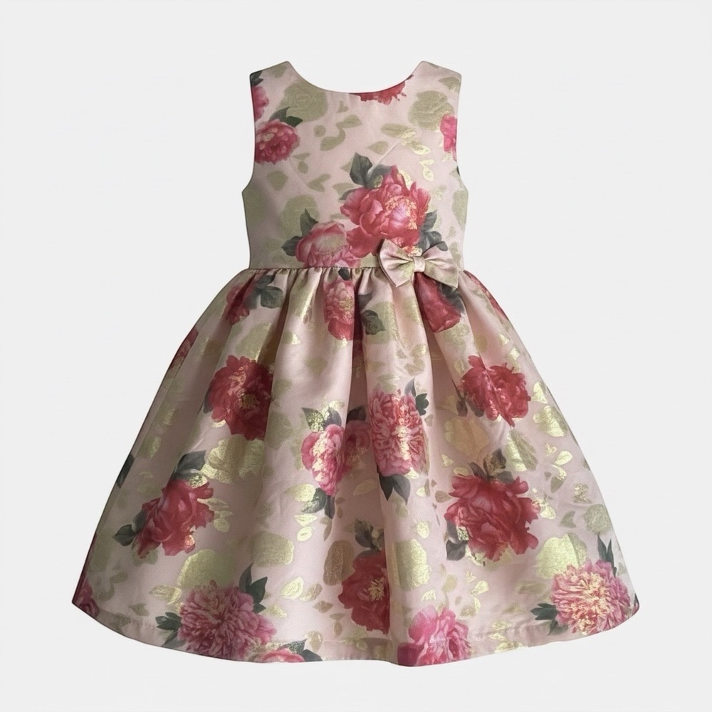 Gymboree Girls Pink Floral Dress 12 Metallic Gold Holiday Party Wedding Bow